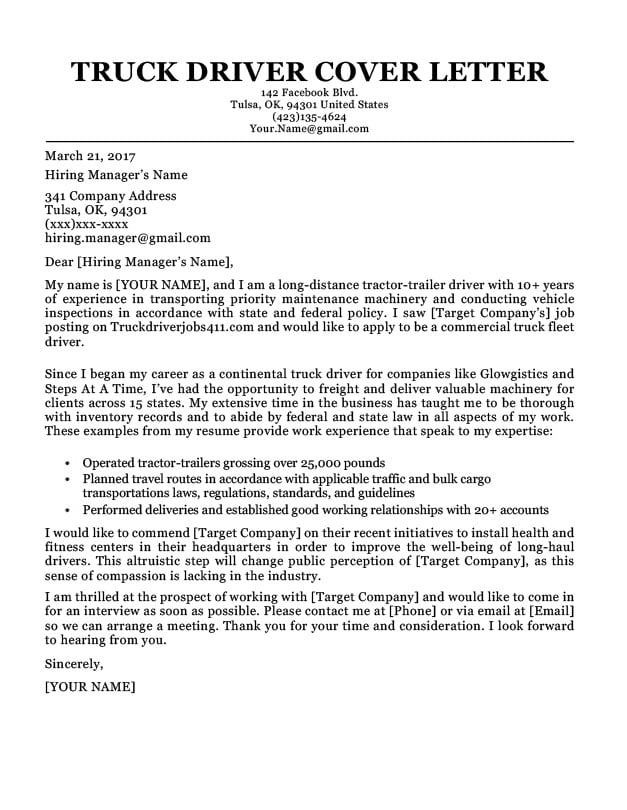 Truck Driver Cover Letter Sample Resume Companion 3863