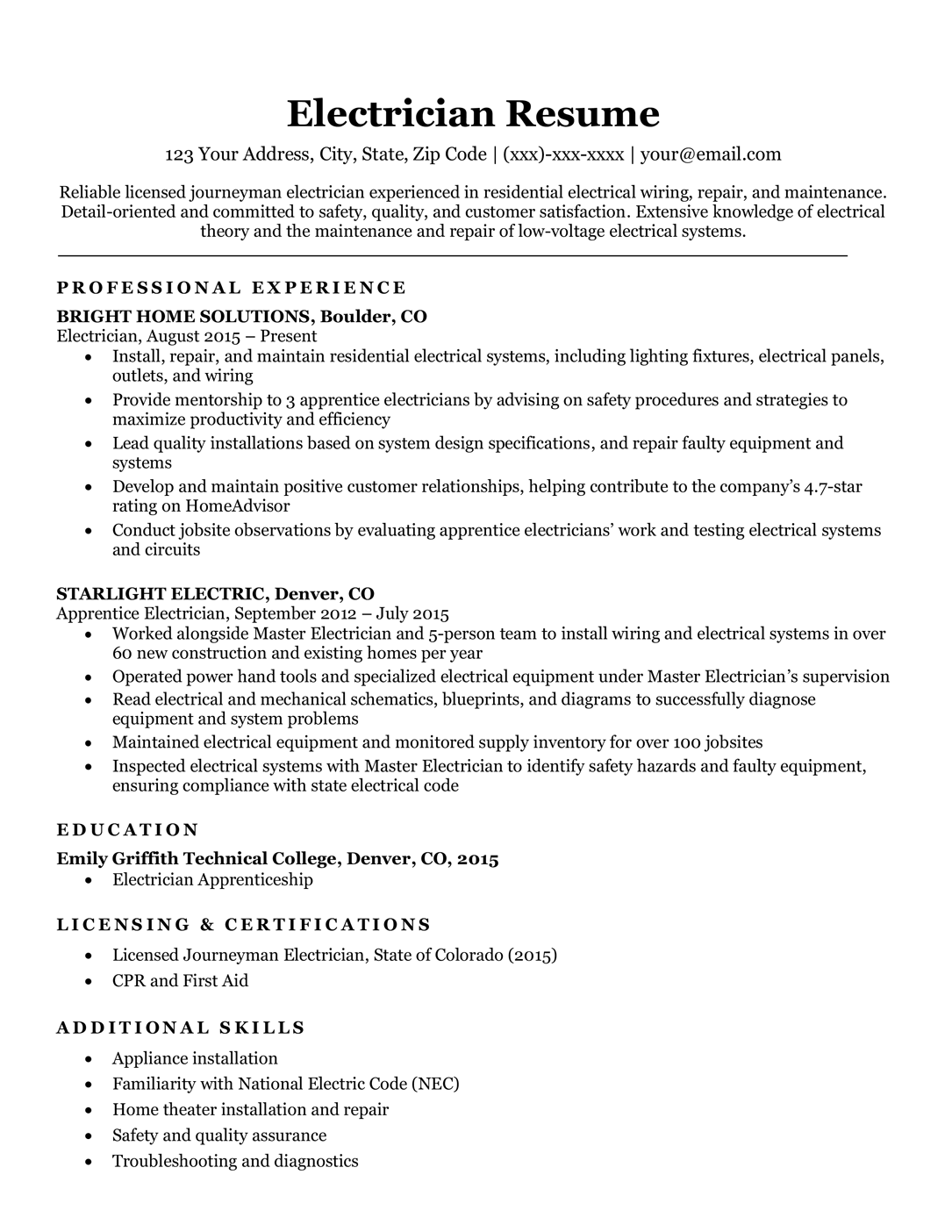 Electrician resume sample