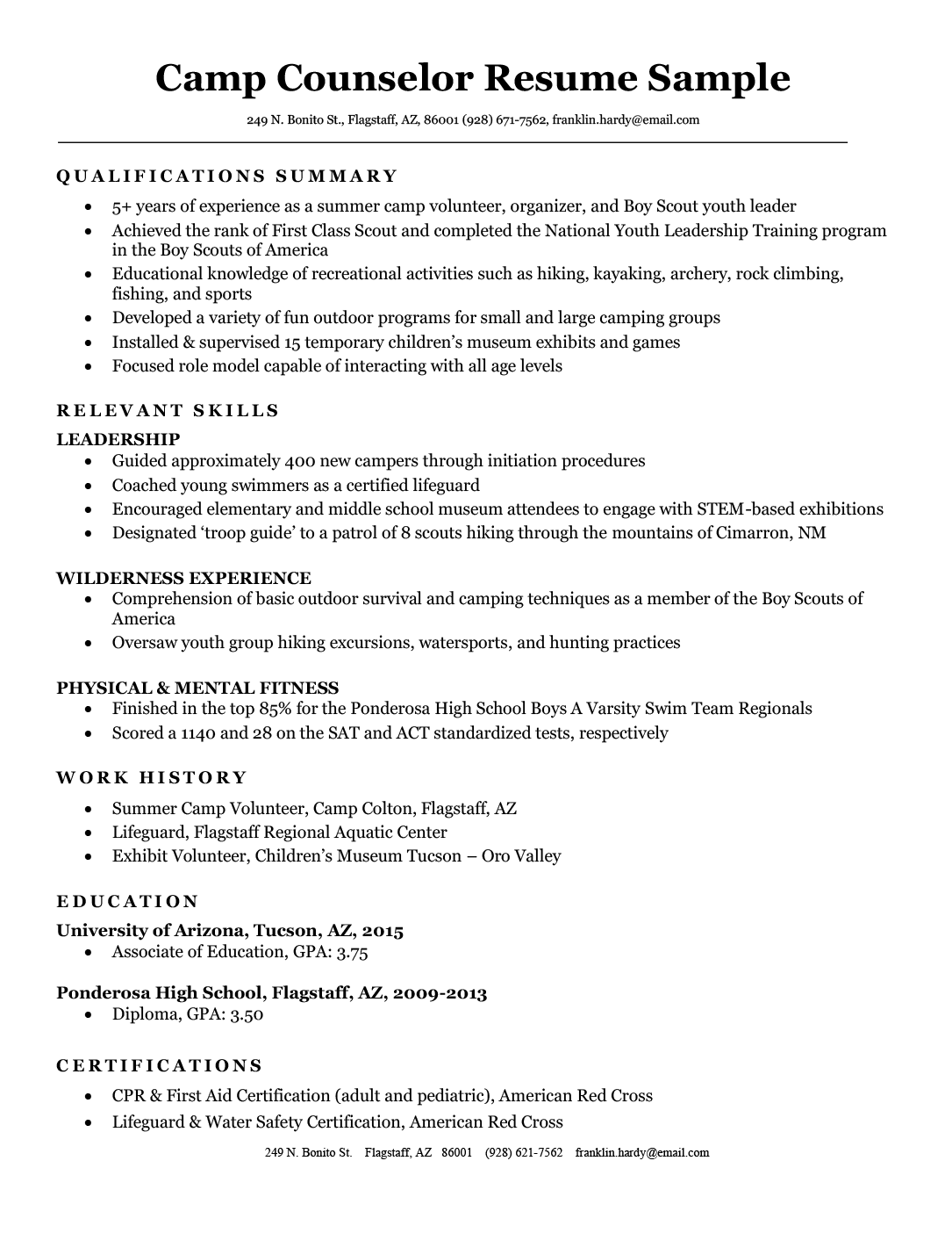 Camp counselor resume sample