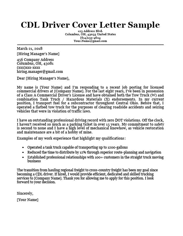 CDL Driver Cover Letter Sample & Writing Tips | Resume ...