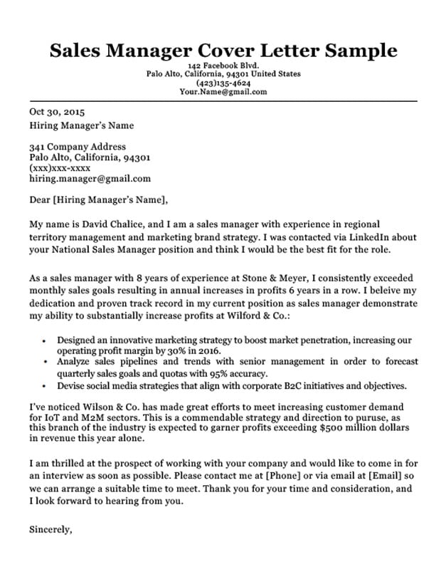 Sales Manager Cover Letter Sample | Resume Companion