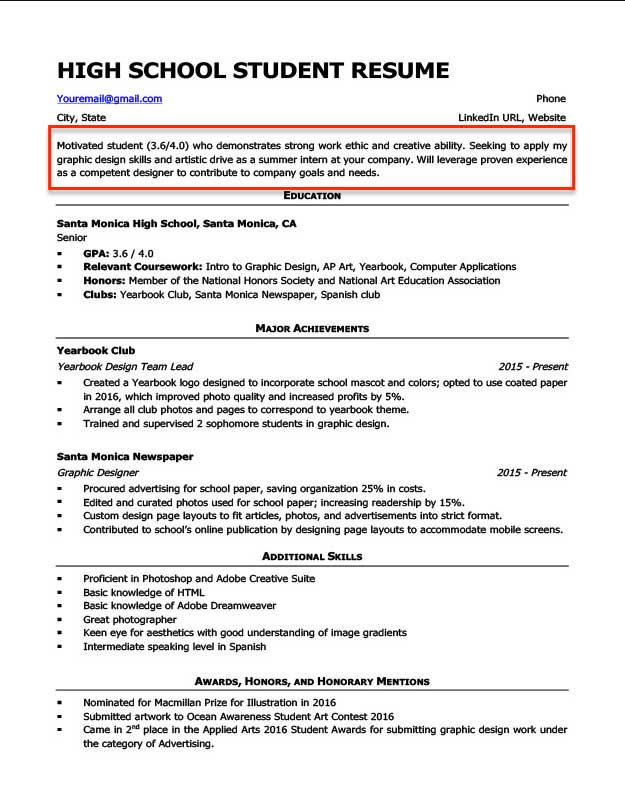 High school student resume for college admission