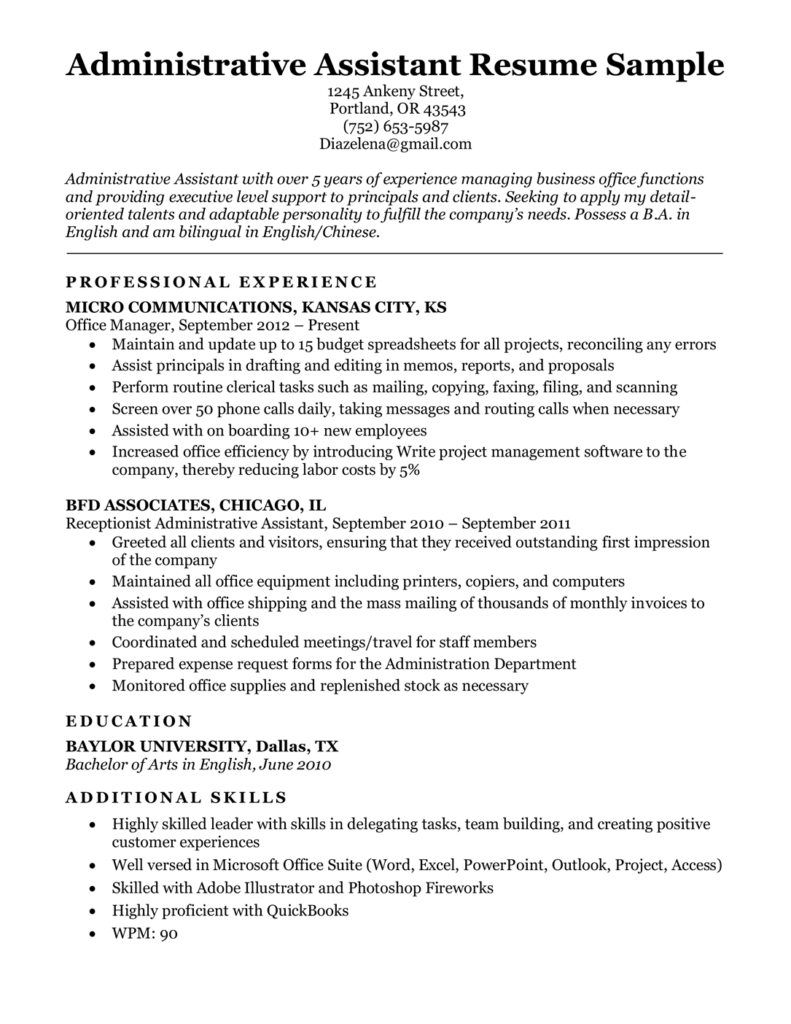 administrative assistant summary resume sample