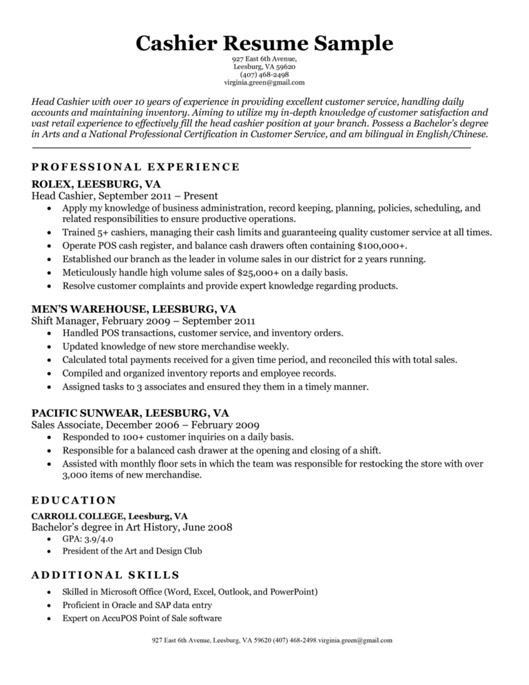 Free Sample Resume For Cashier Position