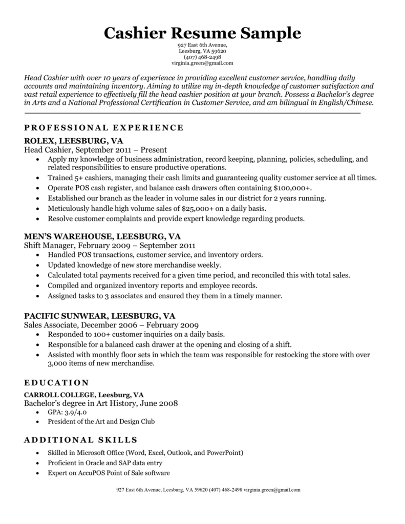 Cashier Resume Sample Resume Companion