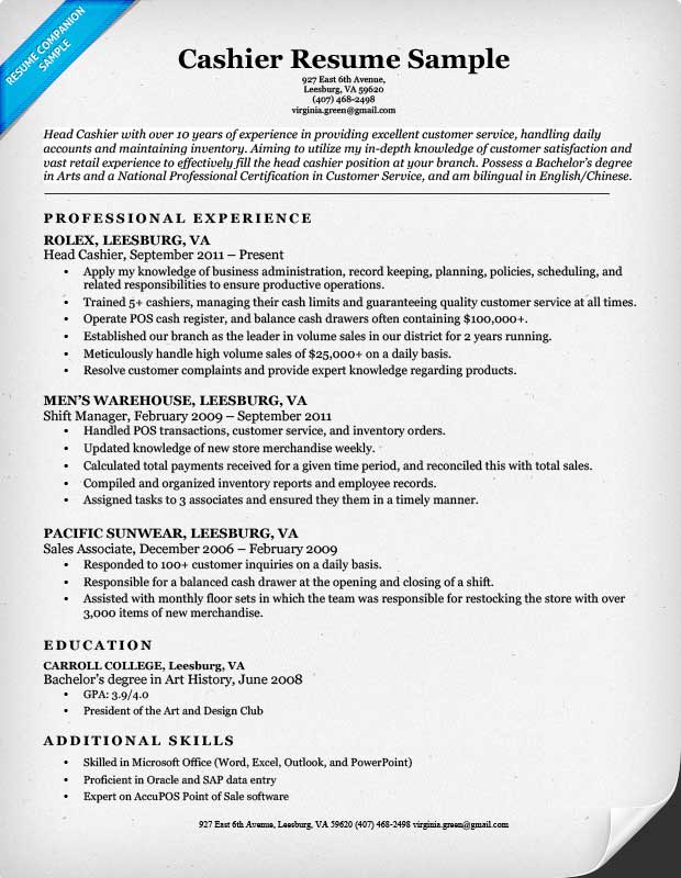 Cashier Resume Sample Resume Companion