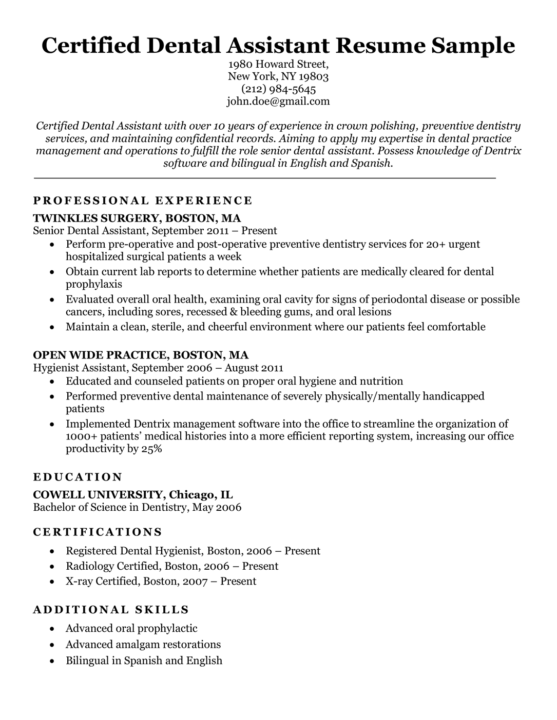 dental assistant resume sample