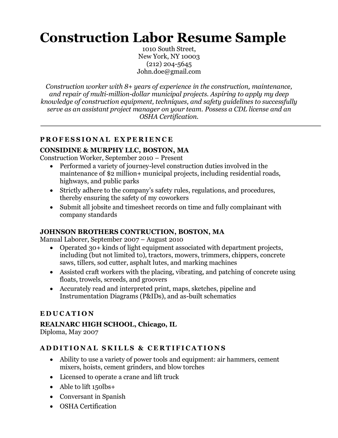 Construction & labor resume sample