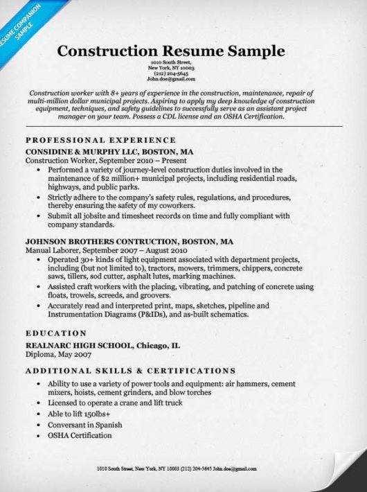 Construction Labor Resume Sample