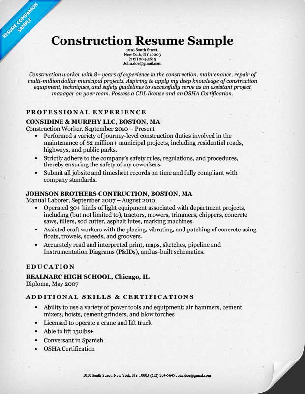 resume summary examples construction