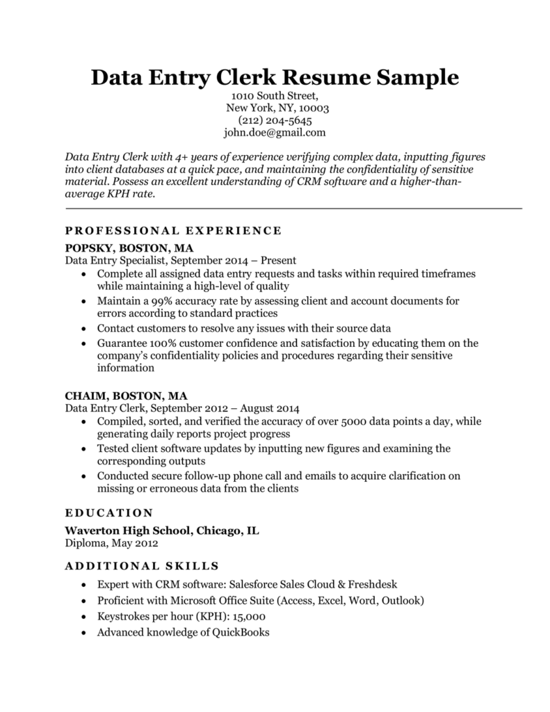 Data Entry Resume Sample With No Experience