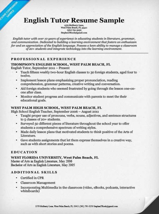 English Tutor Resume Sample  Resume Companion