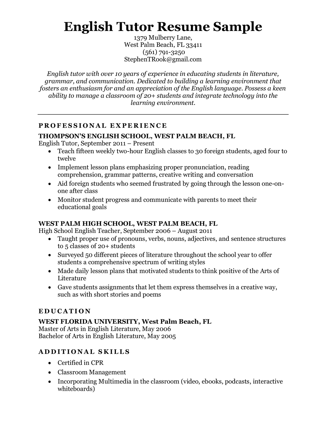 English Tutor Resume Sample | Resume Companion