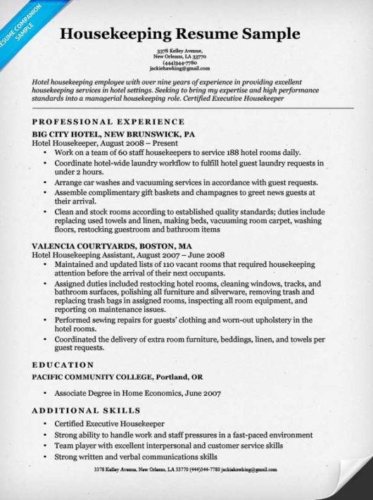 housekeeping resume format in word