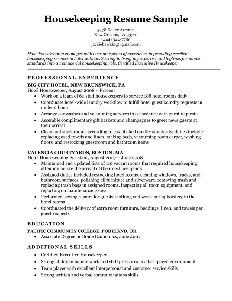 resume objective sample for housekeeping