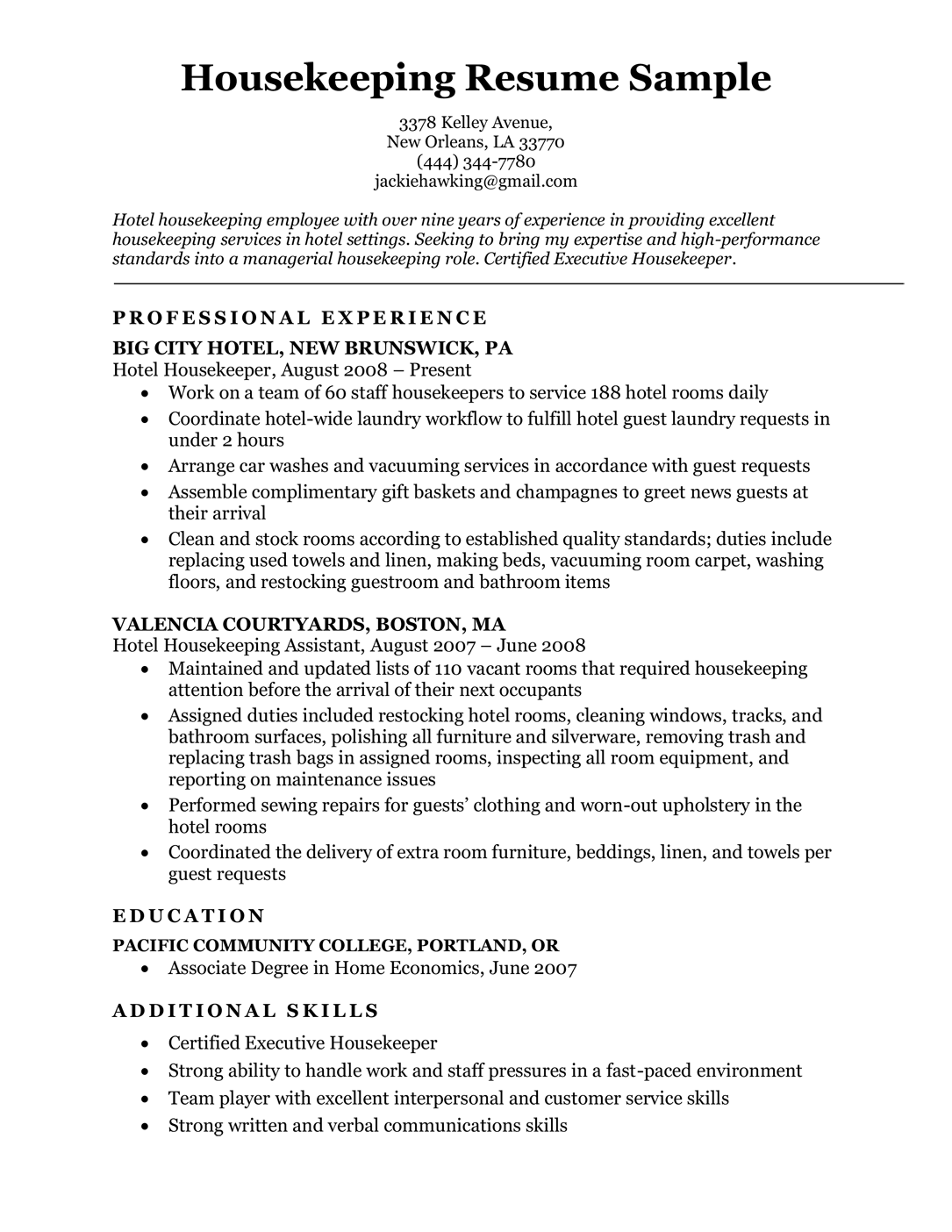 Housekeeping resume sample