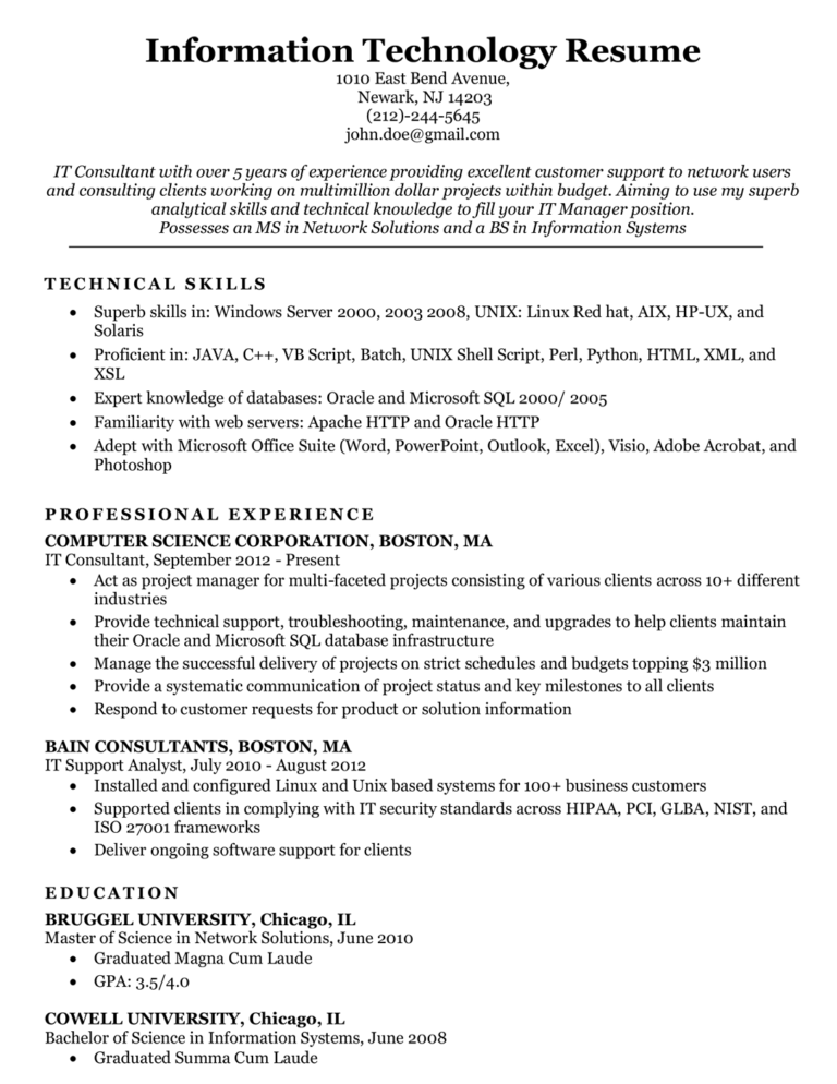 Information Technology (IT) Resume Sample | Resume Companion