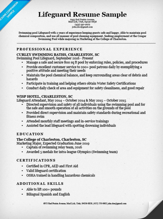 Lifeguard Resume Sample & Writing Tips  Resume Companion