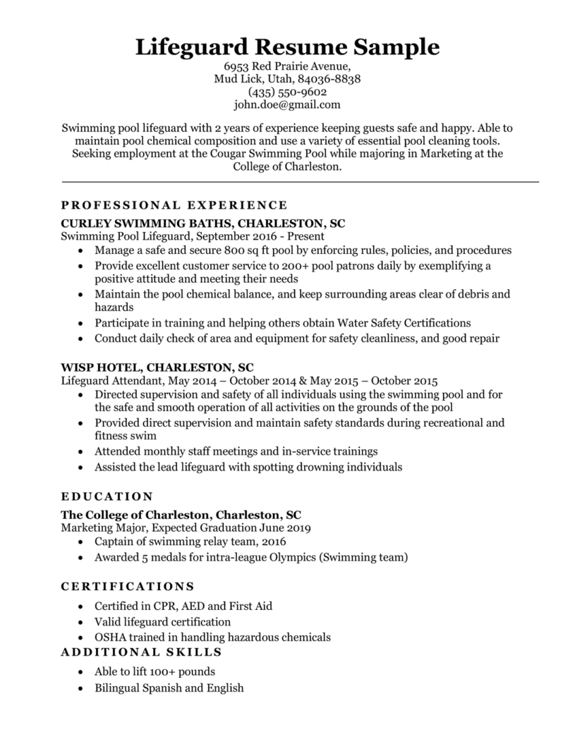 Lifeguard Resume Sample Writing Tips Resume Companion