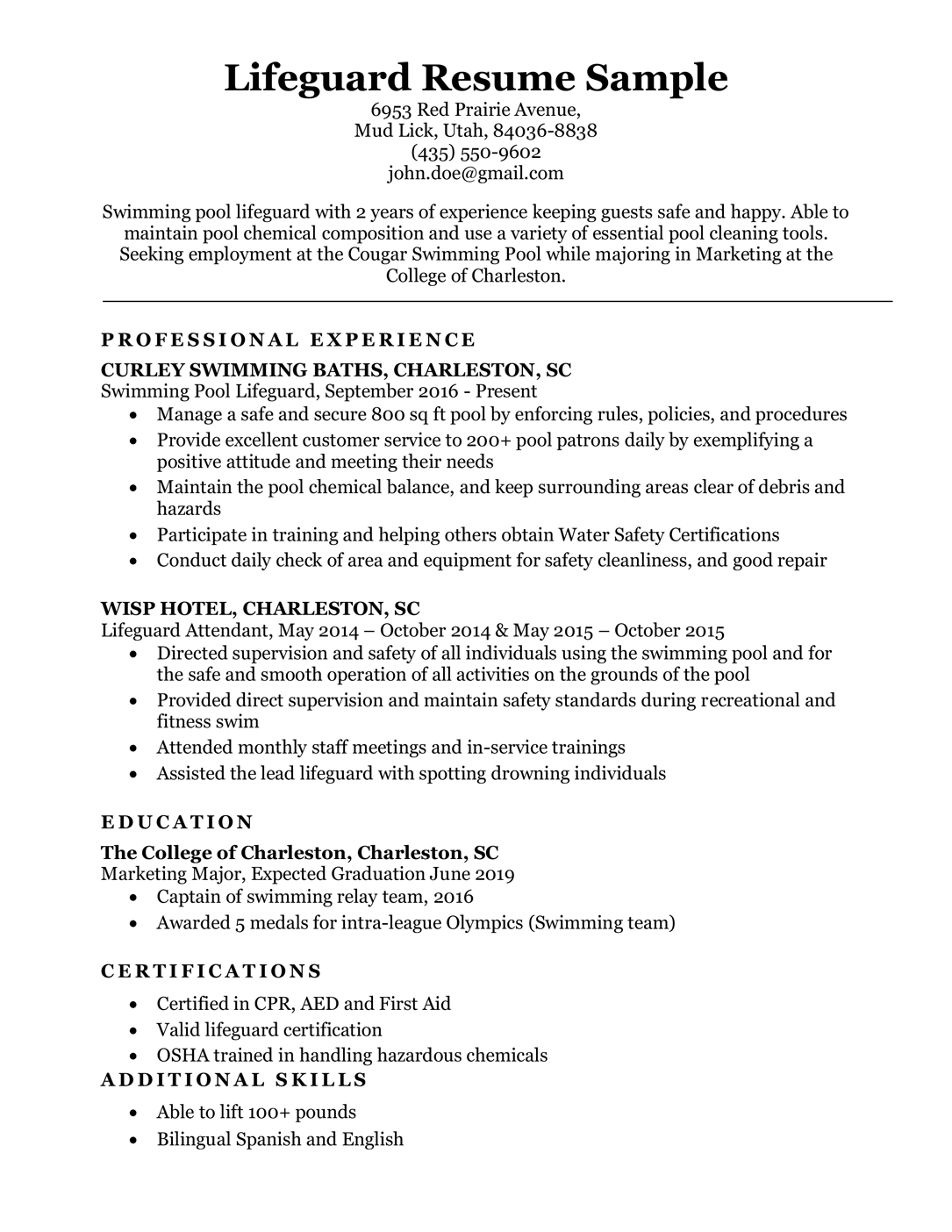 Lifeguard resume sample