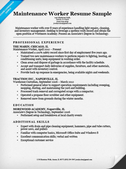 Maintenance Worker Resume Example 530x710