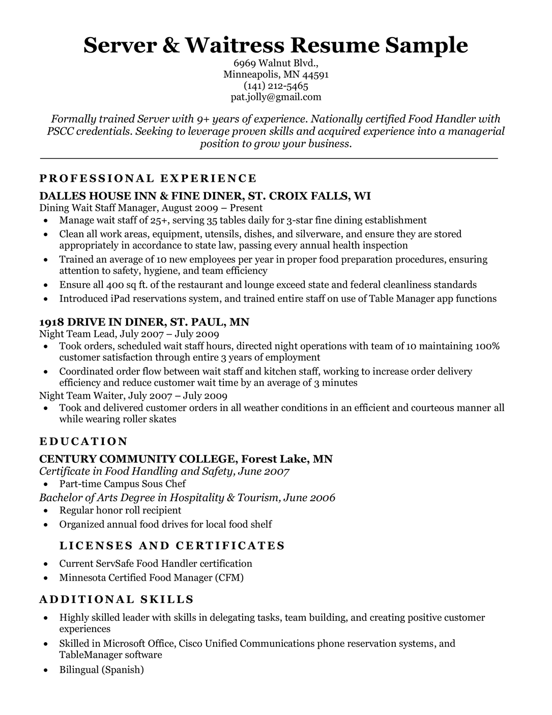 Server & waitress resume sample