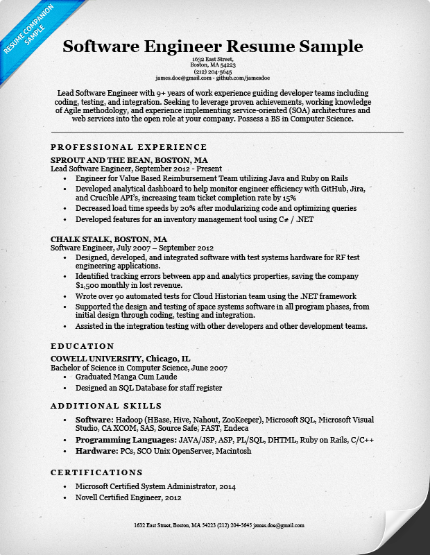 Software Engineer Resume Sample & Writing Tips Resume Companion