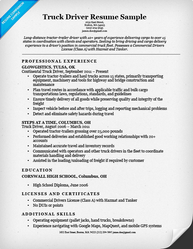 Truck Driver Resume Sample Resume Companion