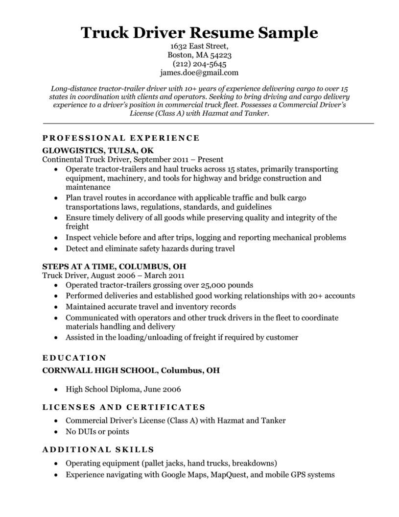Sample Resume For Professional Driver Terrykontiec
