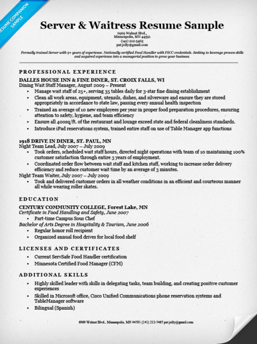 Server  Waitress Resume Sample  Resume Companion