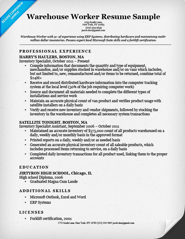 Warehouse Worker Resume Sample Resume Companion   Warehouse Worker Resume Example 