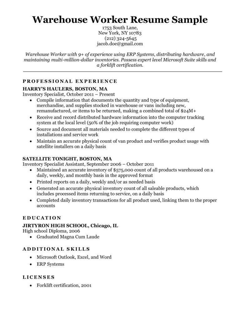 Warehouse Worker Resume Sample | Resume Companion