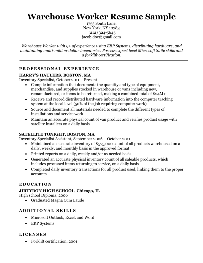 professional summary for resume warehouse
