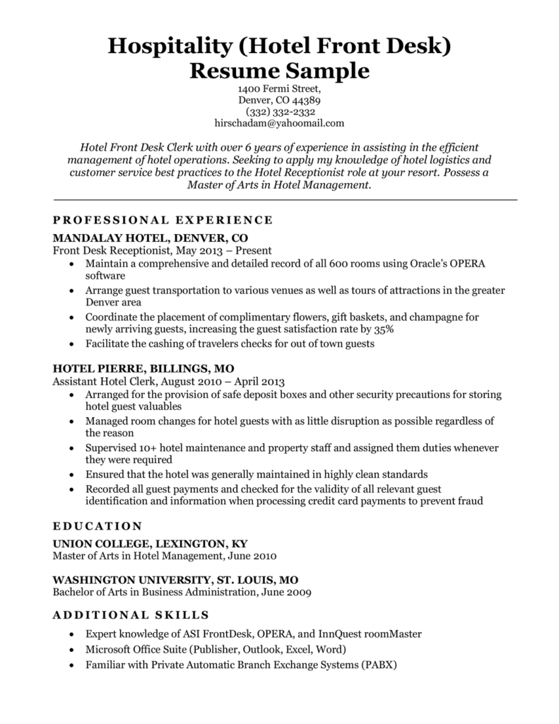 Hotel Front Desk Resume Template   Hospitality Hotel Front Desk Resume Sample 791x1024 