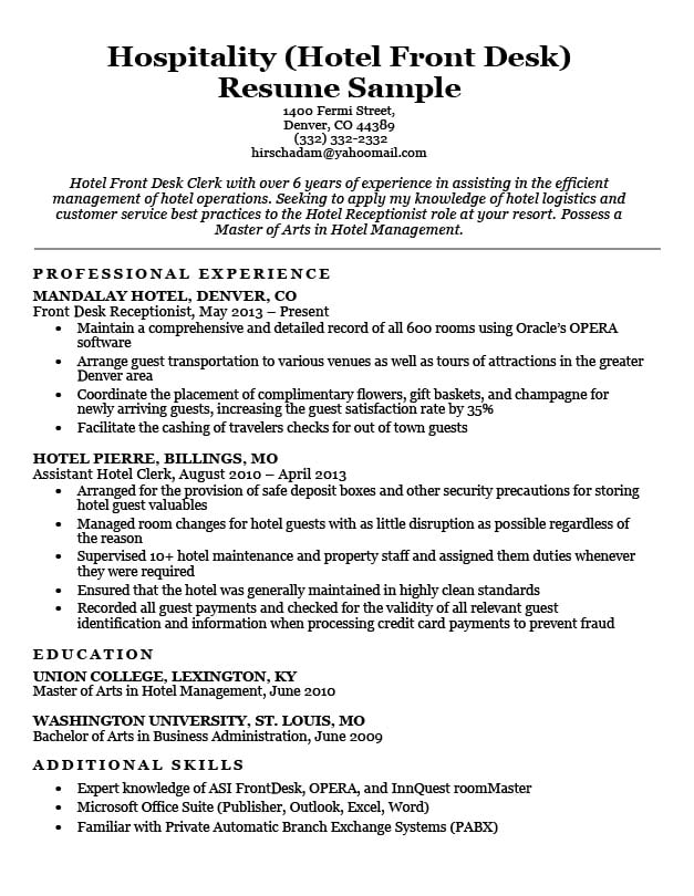 Hotel Front Office Resume Remar