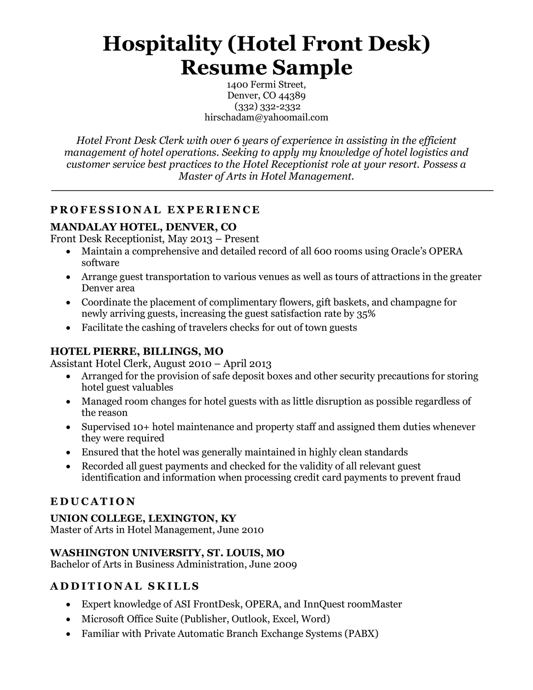 Hospitality Hotel Front Desk Resume Sample 