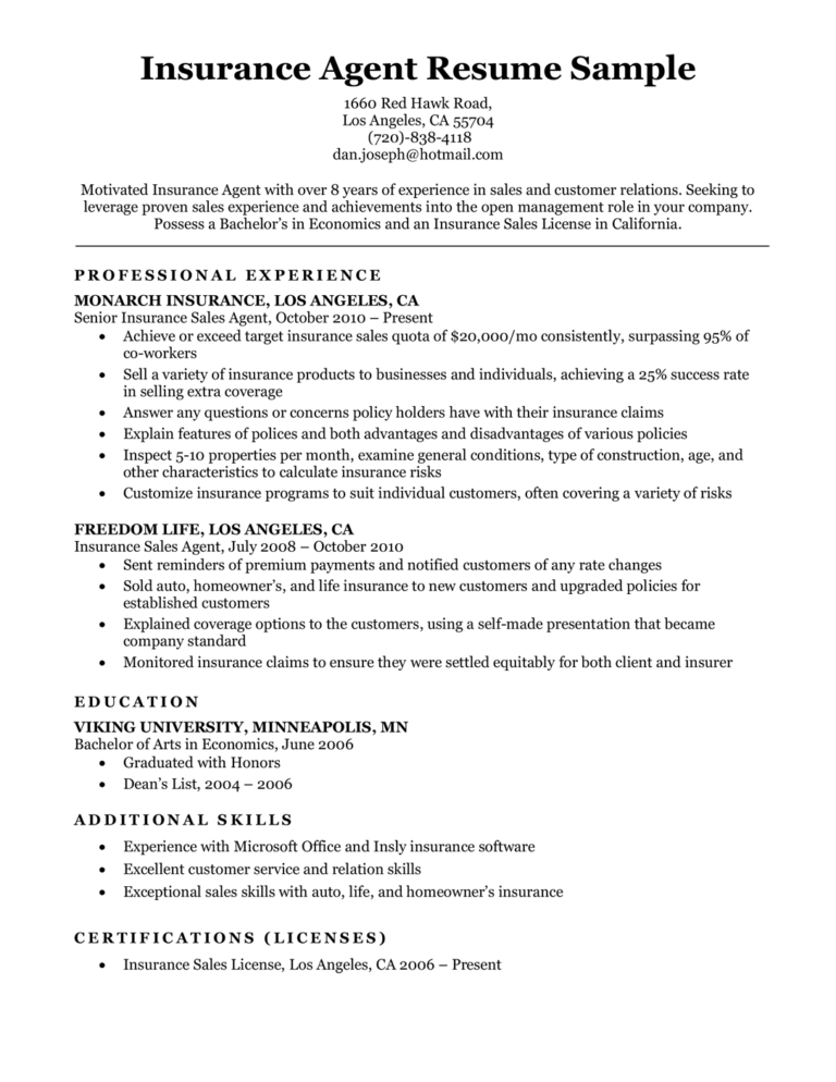 Insurance Agent Resume Sample | Resume Companion