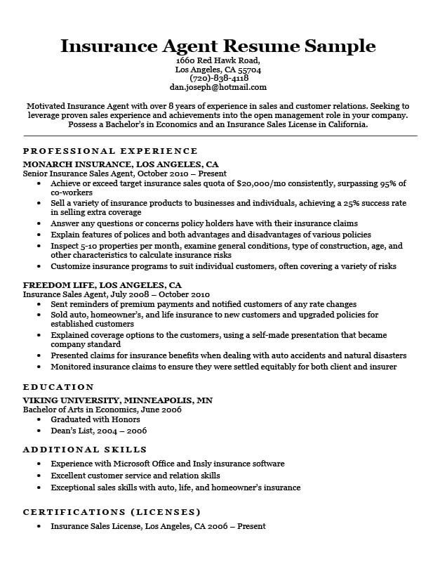 Insurance Agent Resume Sample | Resume Companion