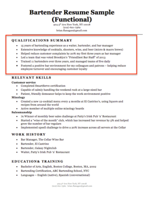 bartender qualifications summary sample with highlighted red box