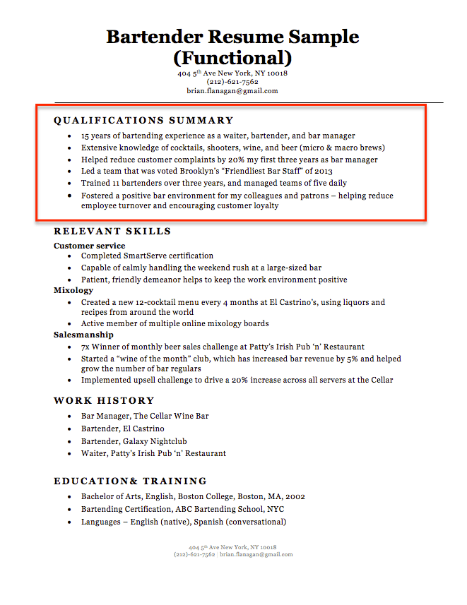 resume qualification summary examples