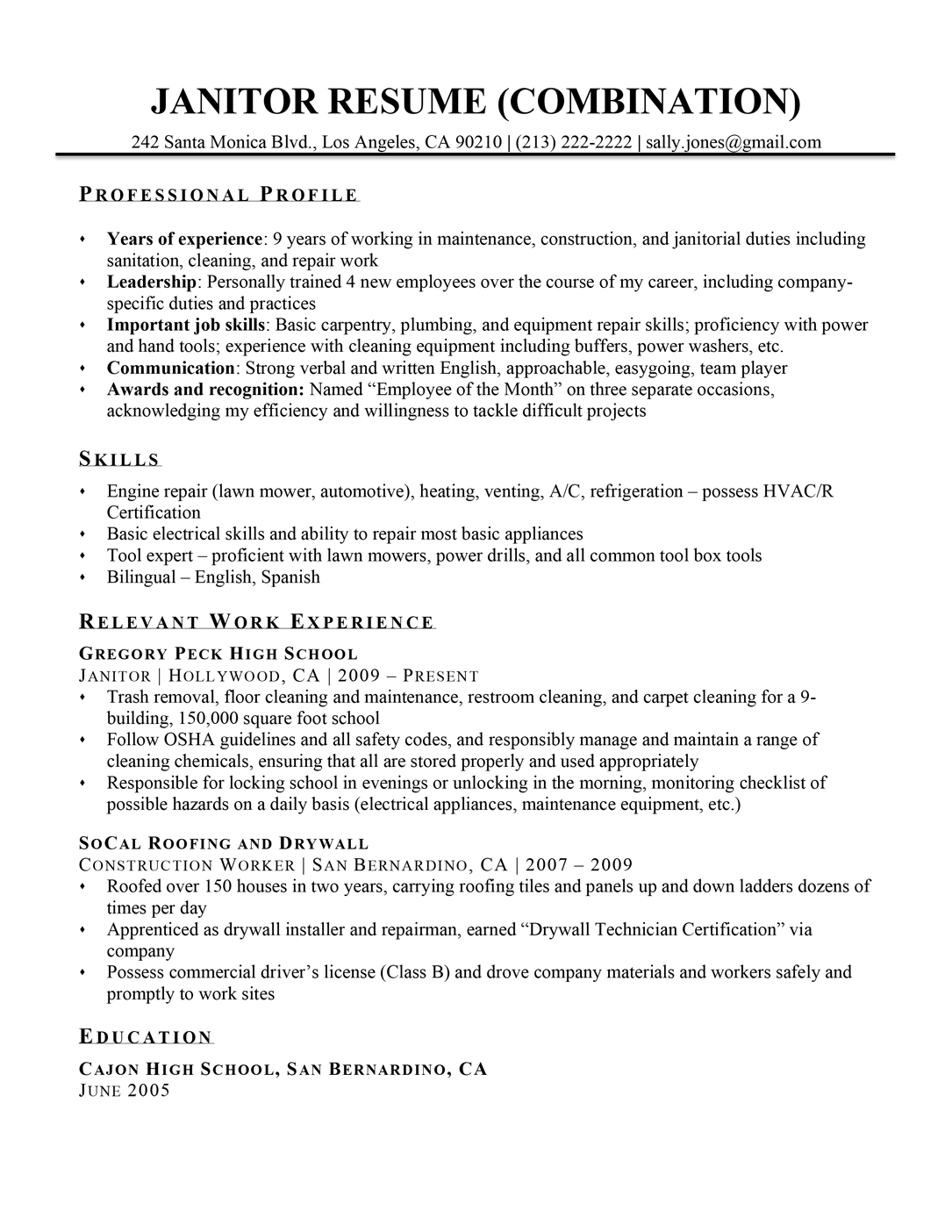 sample resume objective for janitorial position