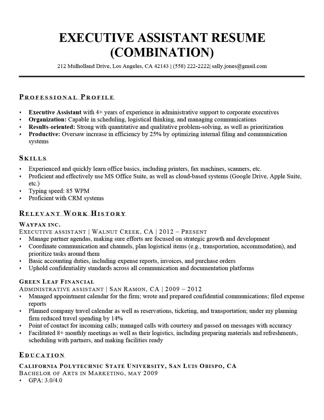 Executive assistant resume sample