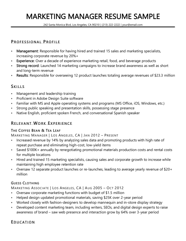 resume templates for marketing manager