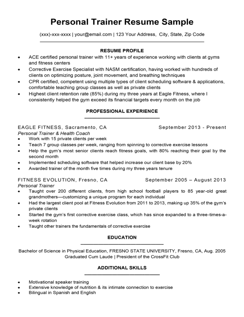 resume objective examples for personal trainer