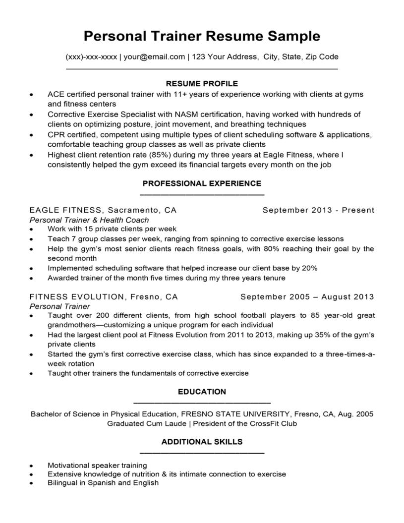 Personal Trainer Resume Sample And Writing Tips Resume Companion 9092