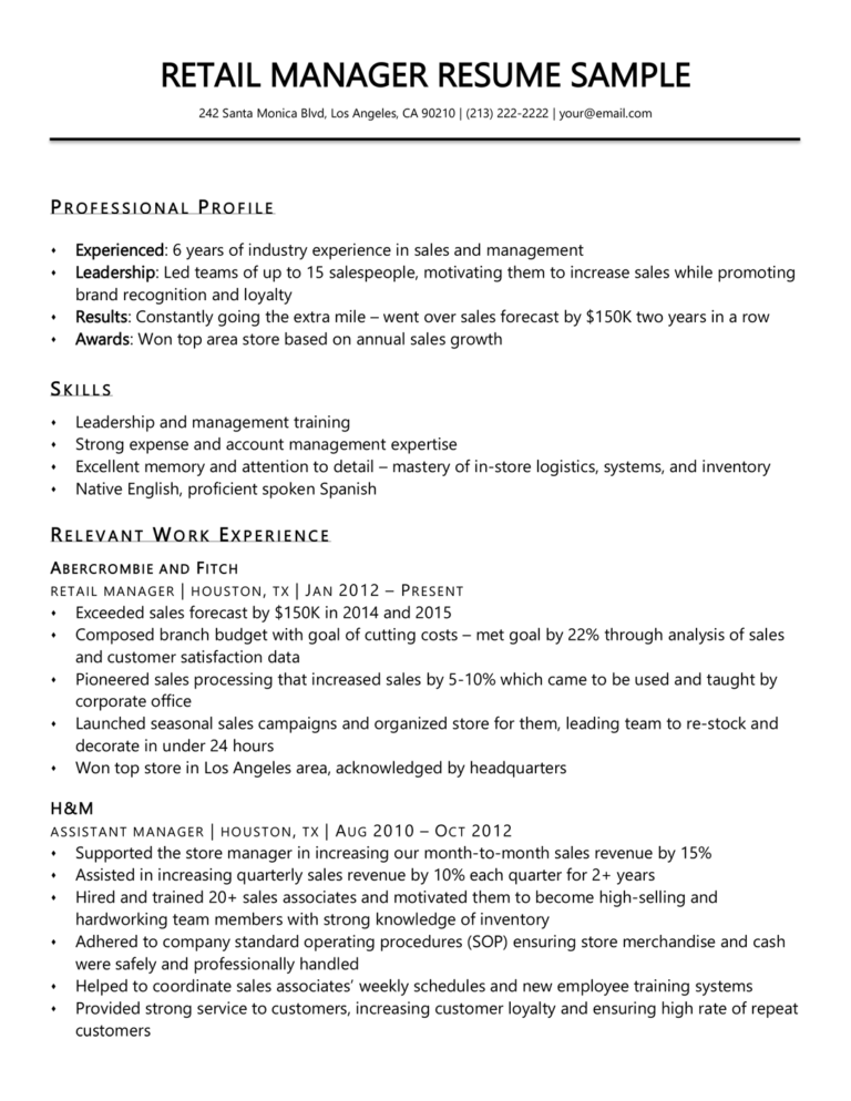 examples of retail manager resume