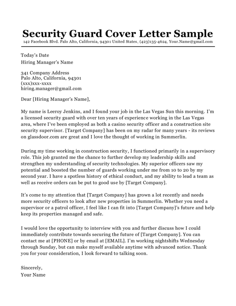 cover letter for job application for security guard