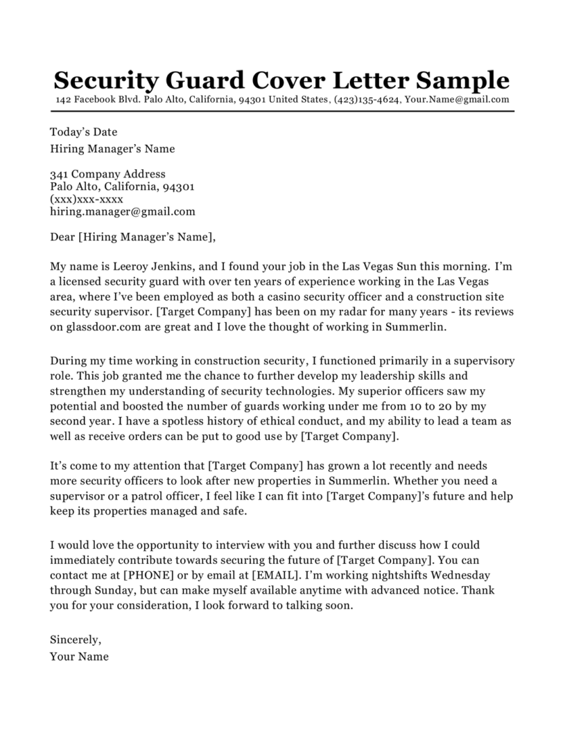 cover letter for security agent job