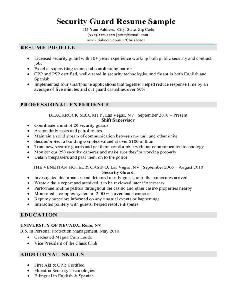 security professional resume format