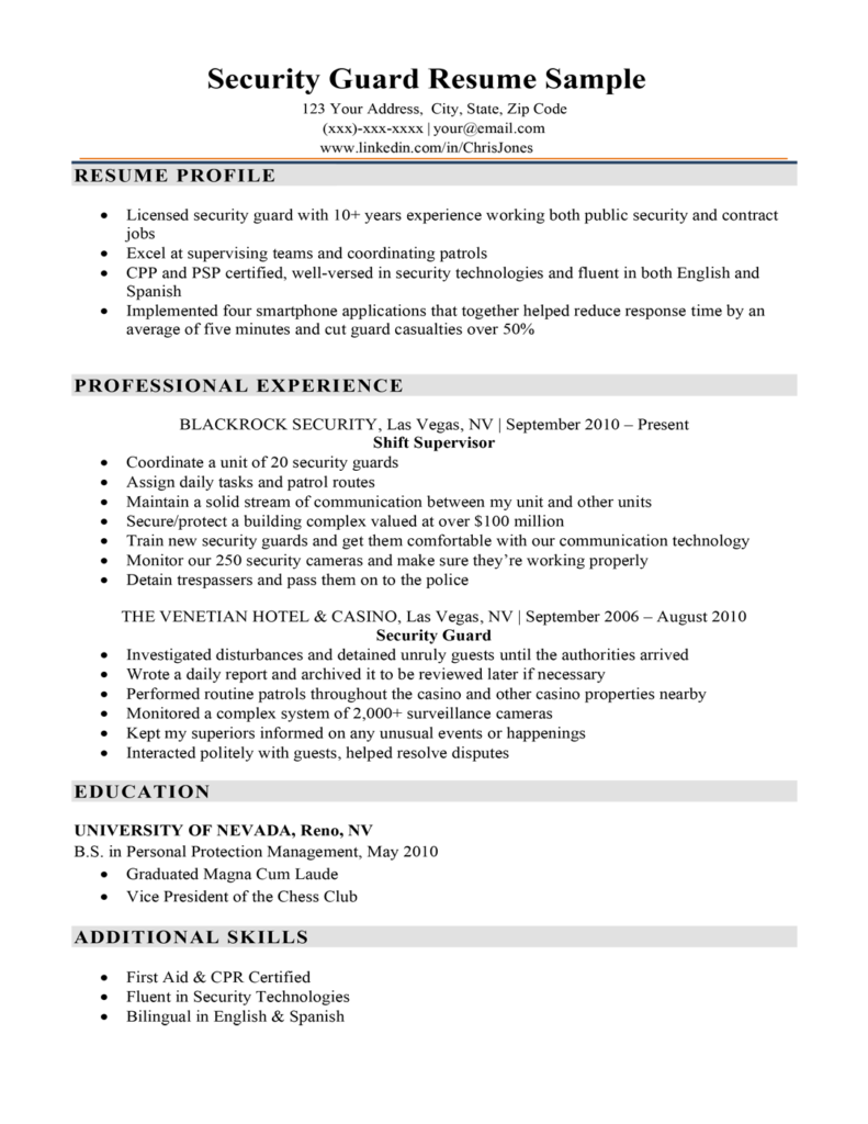 resume job description for security manager